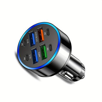 Зарядное устройство для телефона 8-в-1 с быстрой зарядкой QC3.0 и выходами PD+USB, светодиодная индикация, компактное, для дома и автомобиля, цвет: черный